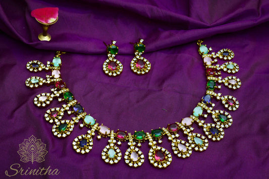Rangamaṇi Set – Multi-Colour Stone AD Necklace with Matching Earrings