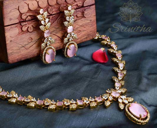 Marakata Līlā Roja Set – Blush Pink Square-Stone AD Necklace with Matching Earrings