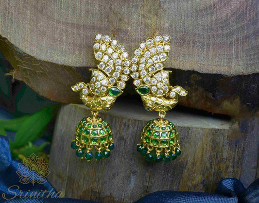Mayūra Vīra Jhumkas – Peacock Crest with Emerald Bead Drops