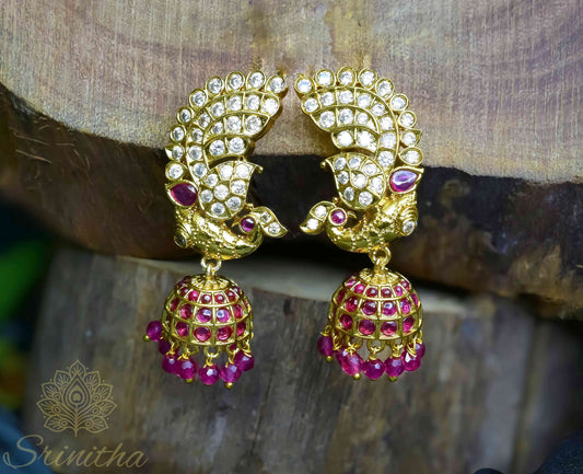 Mayūra Leela Jhumkas – Petite Peacock with Ruby Dome