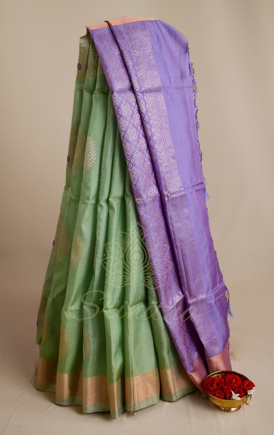 Induvāri – The Blooming Leaf Green Uppada with Lavender Zari Glow