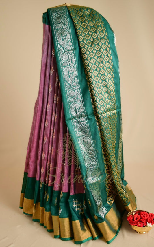 Shaambhavi – The Lavender-Green Uppada with Zari Butta & Diamond Pallu