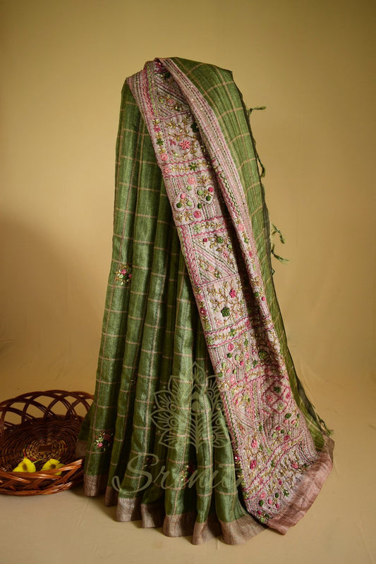 Vanalatha – Olive Green Tussar Saree with Hand Embroidered Pallu