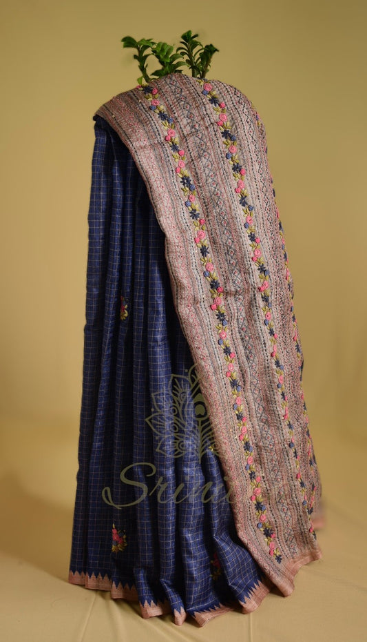Neelapallavi – Deep Blue Tussar Saree with Hand Embroidered Pallu
