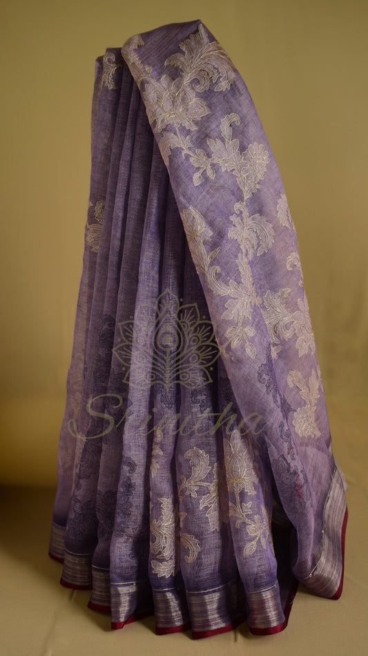 Lavanyika – Lavender Linen Tissue Saree with Ari-Style Floral Embroidery