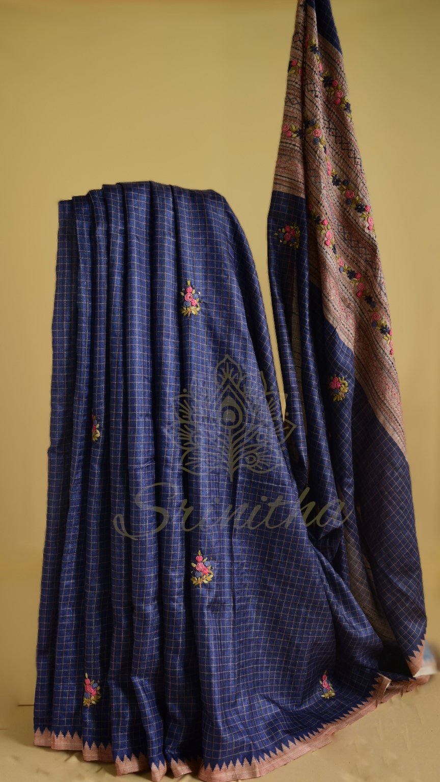 Neelapallavi – Deep Blue Tussar Saree with Hand Embroidered Pallu