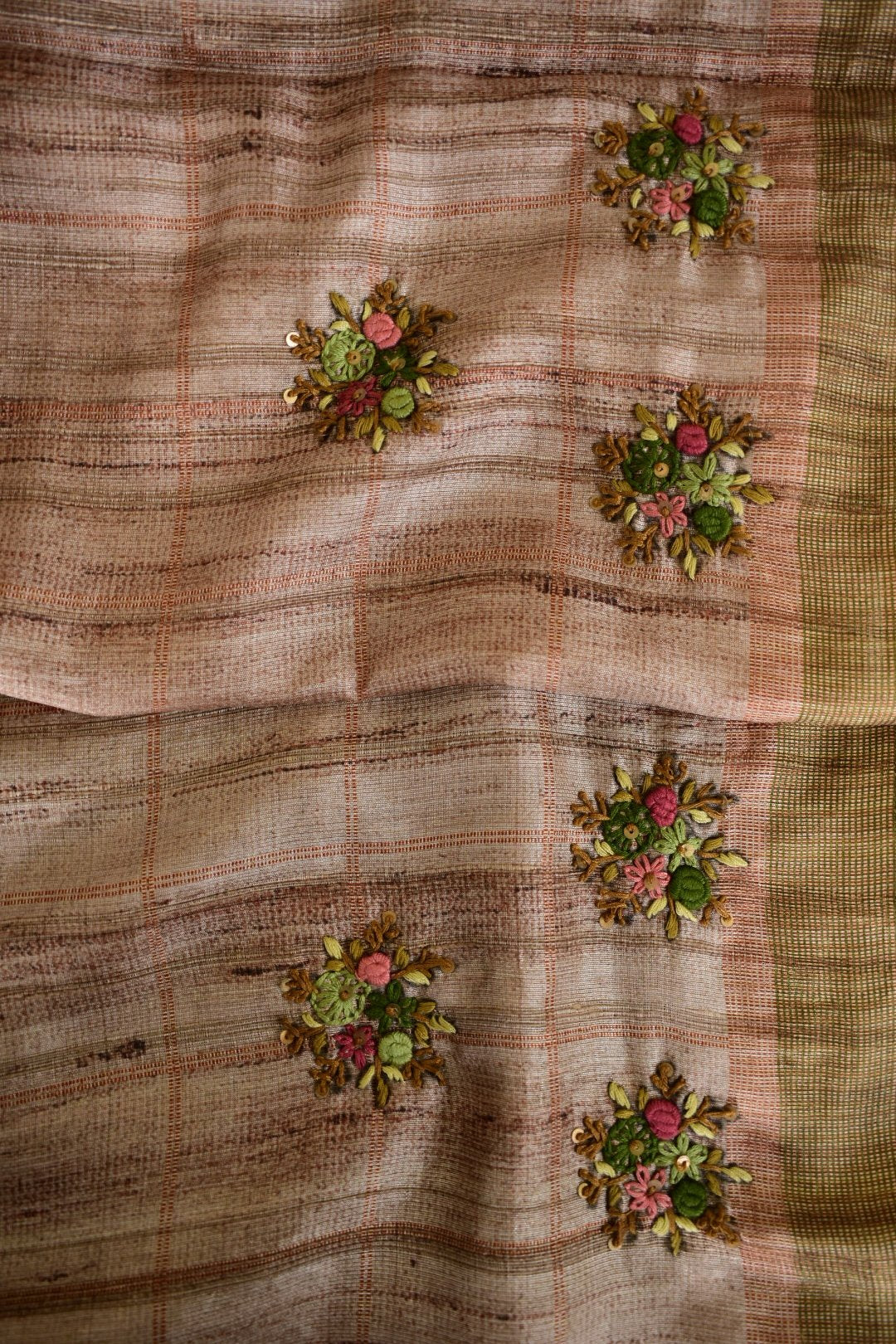 Vanalatha – Olive Green Tussar Saree with Hand Embroidered Pallu