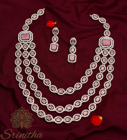 Tārasvini Set – Blush Three-Layered Stone Necklace in Silver Finish