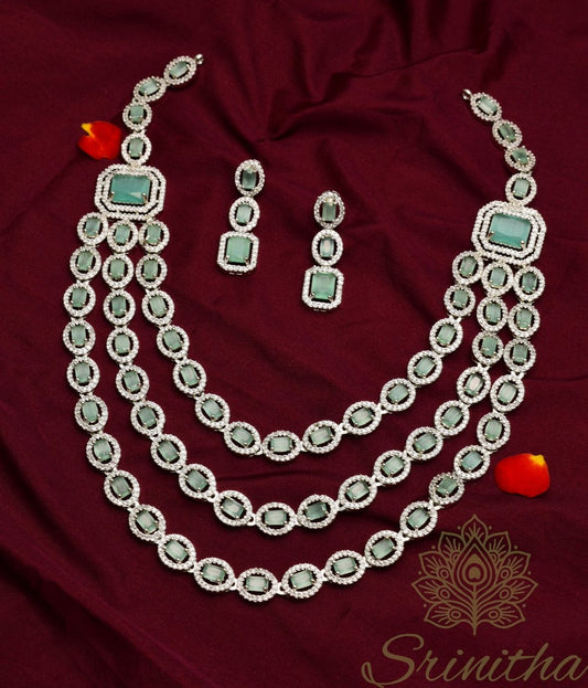 Trilōka Set – Mint Three-Layered Stone Necklace in Silver Finish