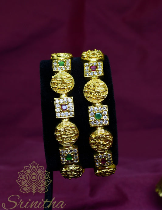 Rasārṇava – Temple Coin Bangles with Ruby & Emerald Accents
