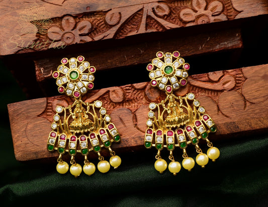 Divyalakshmi Jhumkas – Temple Motif with Pearl Danglers