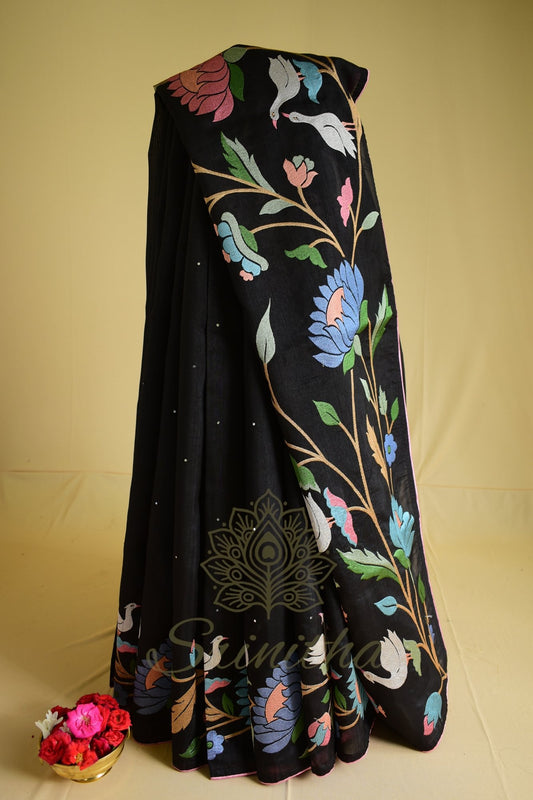 Krishnaja – Tussar Silk in Midnight Black with Floral Meena Vines