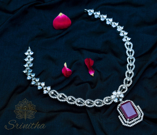 Raktamaṇi Set – Ruby Red AD Necklace with Matching Earrings