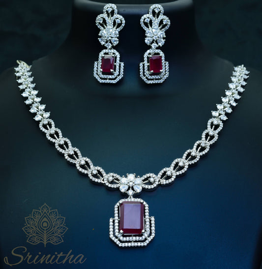 Raktamaṇi Set – Ruby Red AD Necklace with Matching Earrings