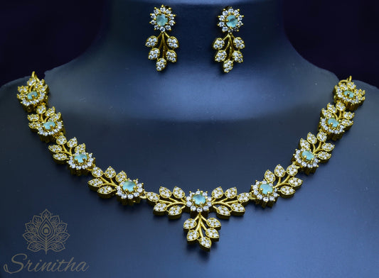 Vanalatā Set – Mint Green Floral AD Necklace with Matching Earrings