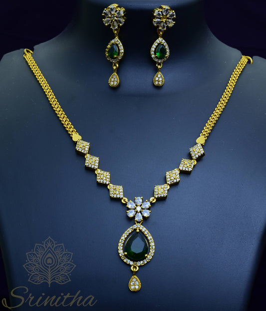 Vīraja Set – Emerald Drop AD Necklace in Gold Finish