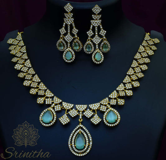 Jalnidhi Set – Mint Green Drop AD Necklace with Matching Earrings
