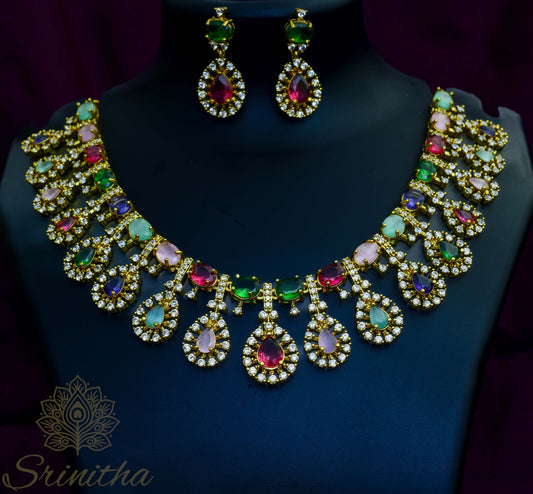Rangamaṇi Set – Multi-Colour Stone AD Necklace with Matching Earrings