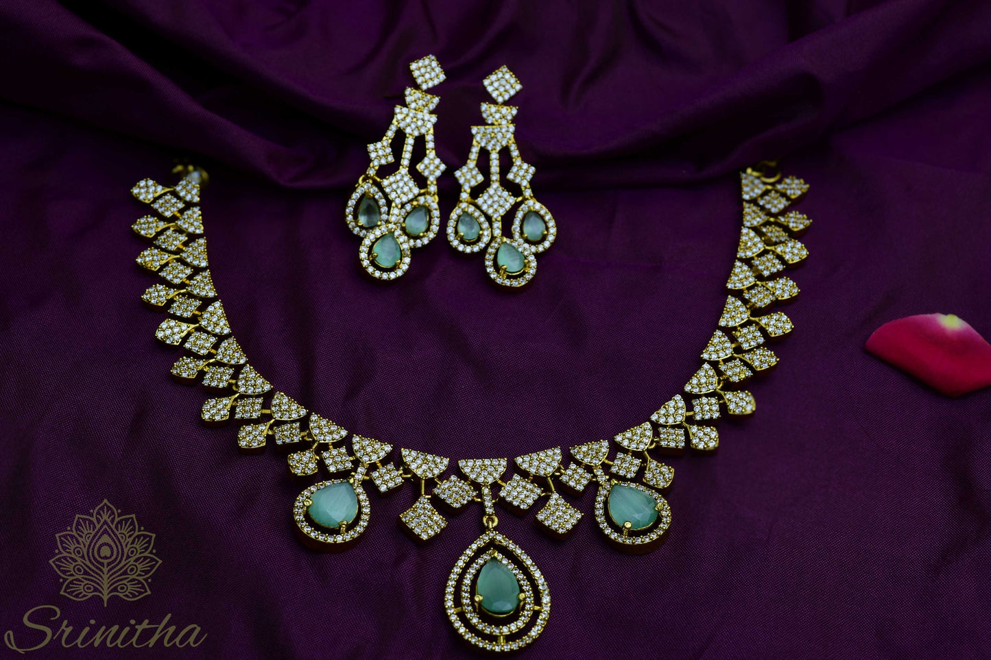Jalnidhi Set – Mint Green Drop AD Necklace with Matching Earrings