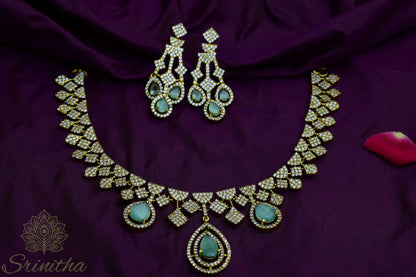 Jalnidhi Set – Mint Green Drop AD Necklace with Matching Earrings