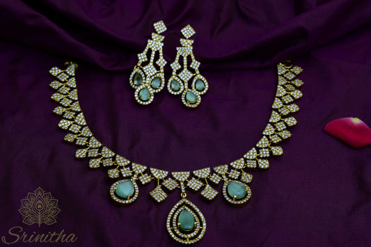 Jalnidhi Set – Mint Green Drop AD Necklace with Matching Earrings