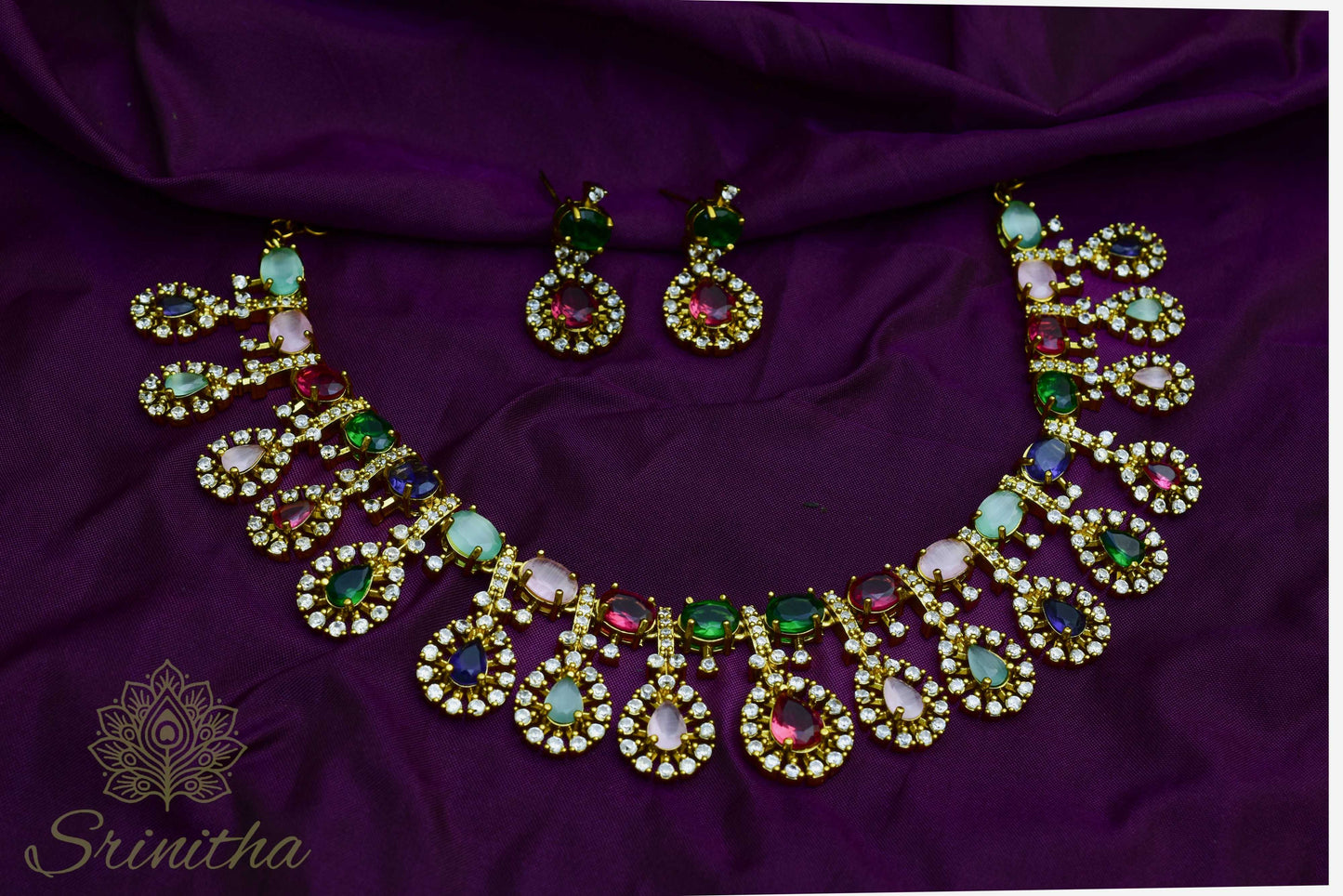 Rangamaṇi Set – Multi-Colour Stone AD Necklace with Matching Earrings