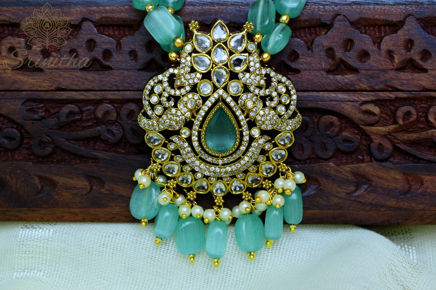 Kadamba Set – Mint Bead Necklace with Pendant and Earrings