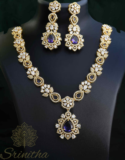 Induvāḷika Set – Violet Drop AD Necklace with Matching Earrings