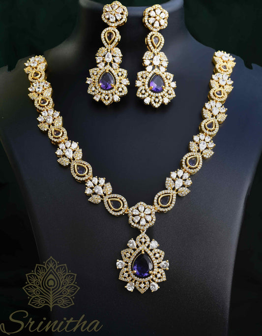 Induvāḷika Set – Violet Drop AD Necklace with Matching Earrings