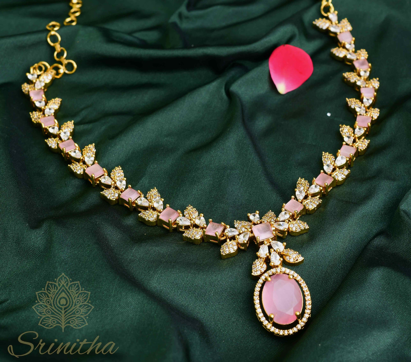 Marakata Līlā Roja Set – Blush Pink Square-Stone AD Necklace with Matching Earrings
