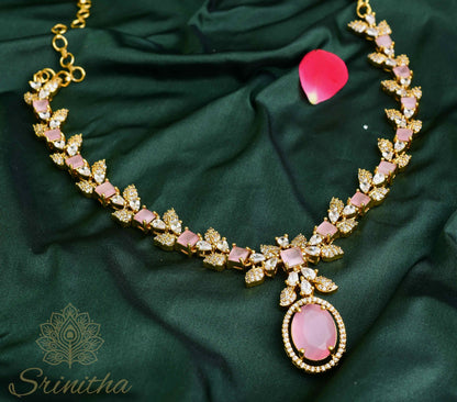 Marakata Līlā Roja Set – Blush Pink Square-Stone AD Necklace with Matching Earrings