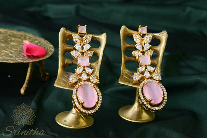 Marakata Līlā Roja Set – Blush Pink Square-Stone AD Necklace with Matching Earrings
