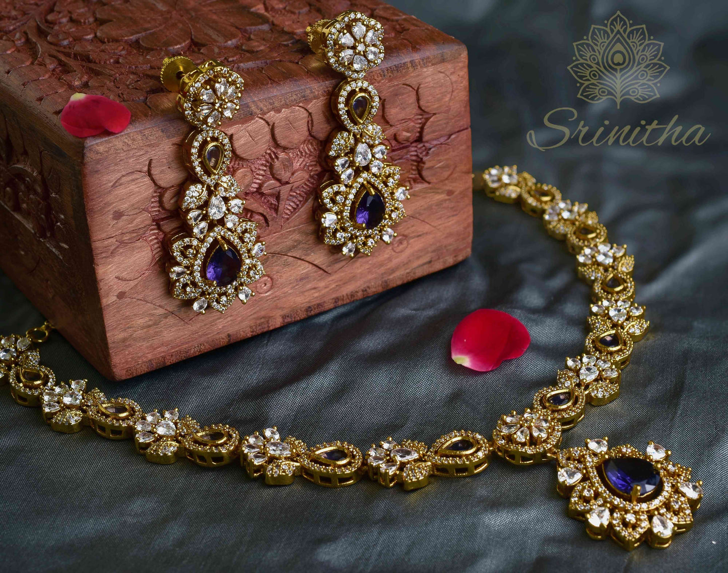 Induvāḷika Set – Violet Drop AD Necklace with Matching Earrings