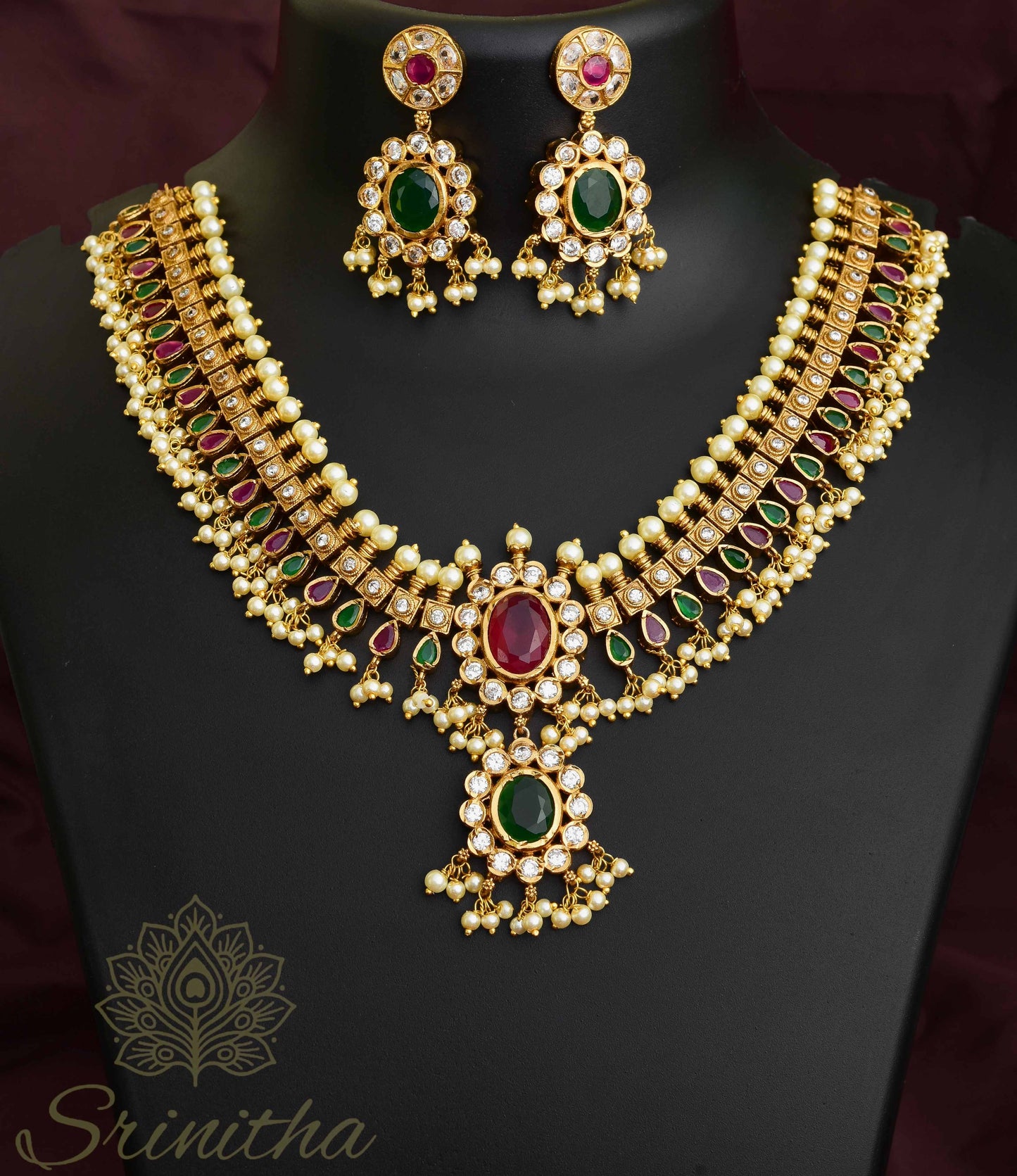 Kāñcanamālā Set (Golden Garland) – Ruby Green Kundan Temple Necklace with Matching Earrings