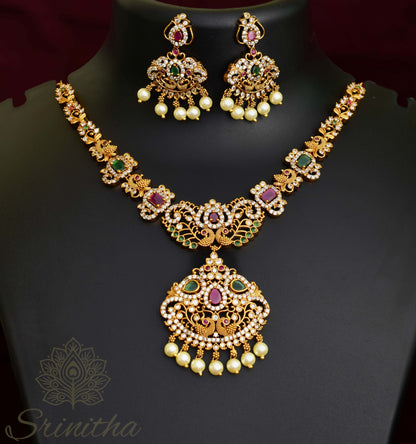 Sanghavi Set – Compact Temple Necklace with Ruby-Emerald Accents
