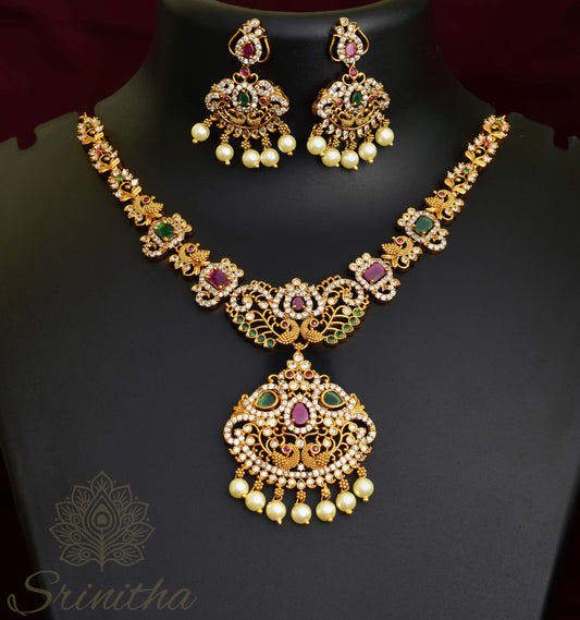 Sanghavi Set – Compact Temple Necklace with Ruby-Emerald Accents