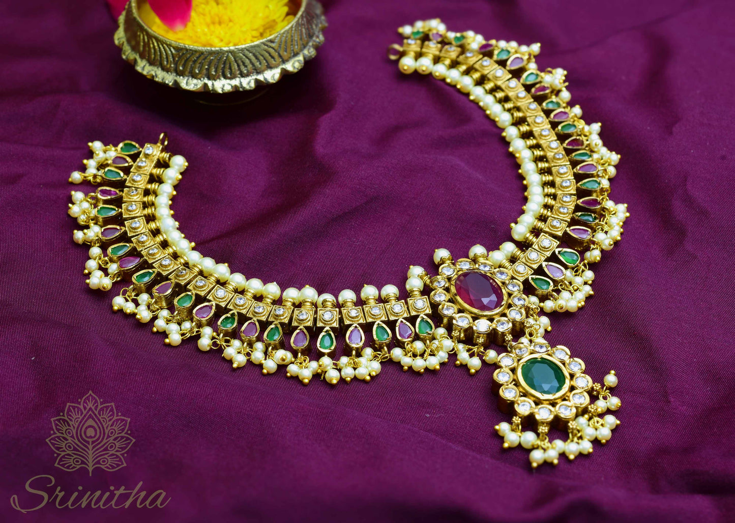 Kāñcanamālā Set (Golden Garland) – Ruby Green Kundan Temple Necklace with Matching Earrings