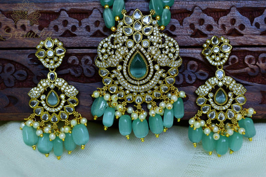 Kadamba Set – Mint Bead Necklace with Pendant and Earrings