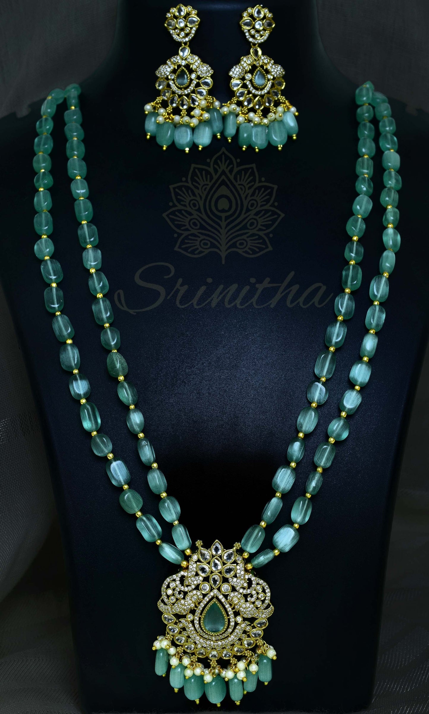 Kadamba Set – Mint Bead Necklace with Pendant and Earrings