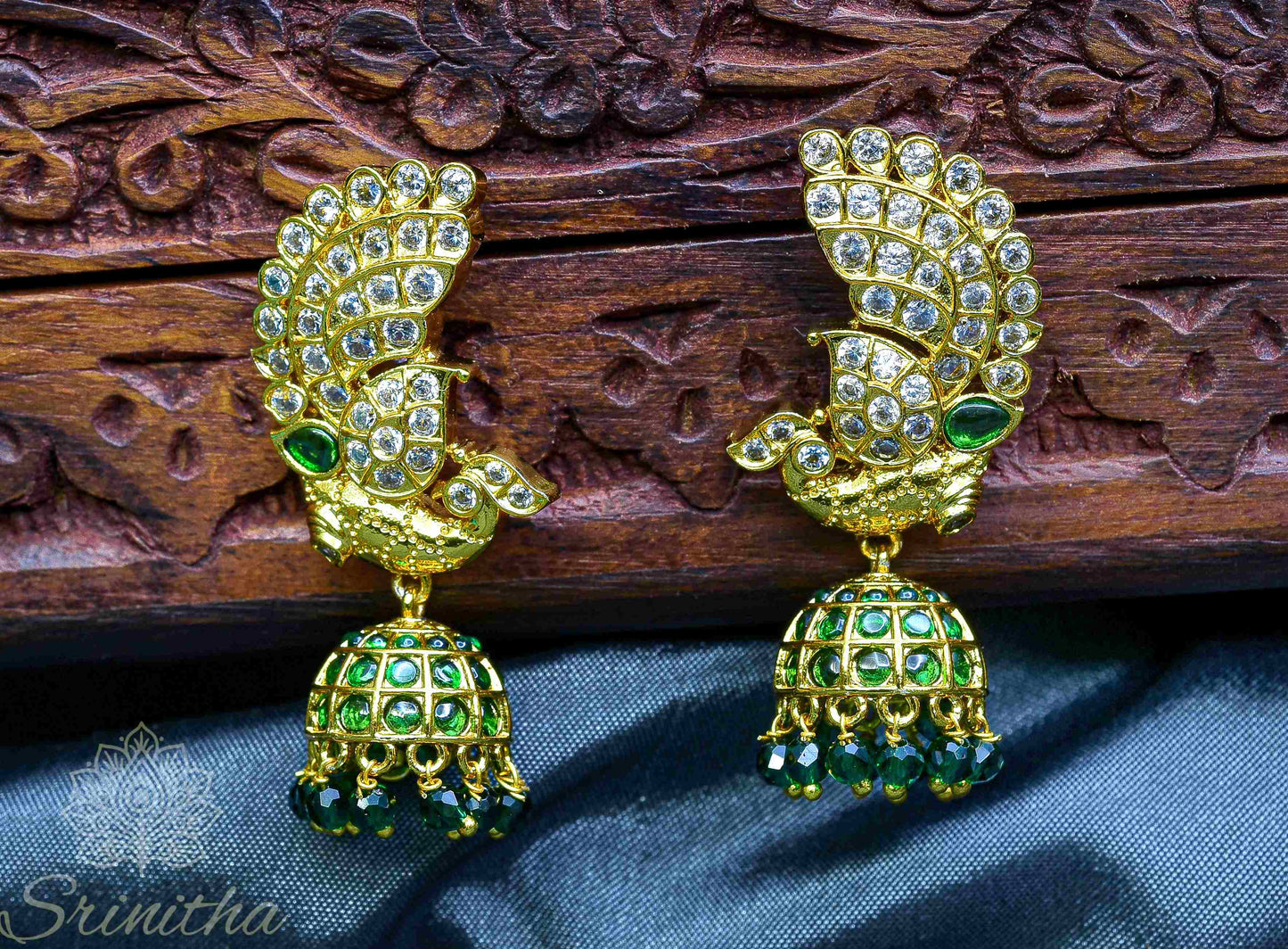 Mayūra Vīra Jhumkas – Peacock Crest with Emerald Bead Drops