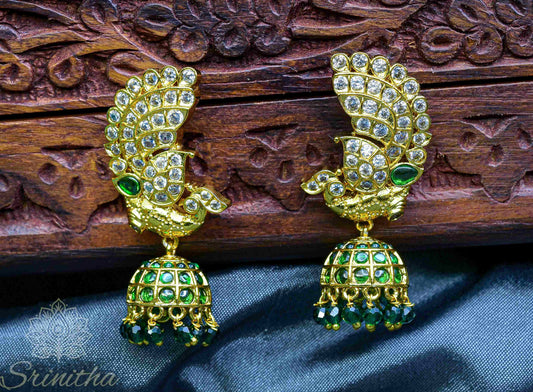Mayūra Vīra Jhumkas – Peacock Crest with Emerald Bead Drops
