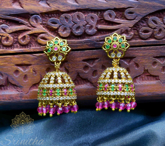 Muktālatā Jhumkas – Multistone Dome with Pink Bead Drops