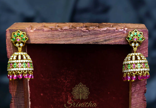 Muktālatā Jhumkas – Multistone Dome with Pink Bead Drops