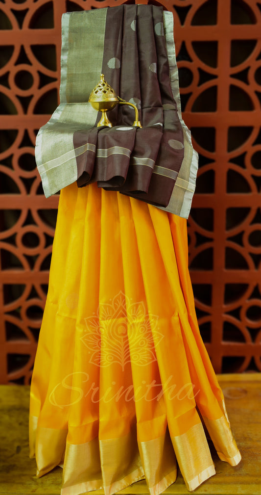 Maṇimaya – Pure Uppada Handloom Silk with Deep Cocoa & Mustard Yellow Dot Butta Drape