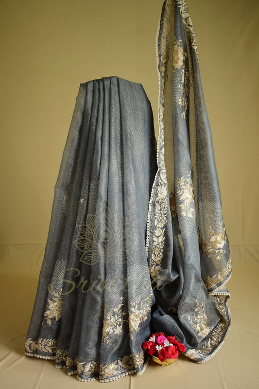 Shyaamalika – Grey Tissue Saree with Bandhani Weave & Thread Embroidery
