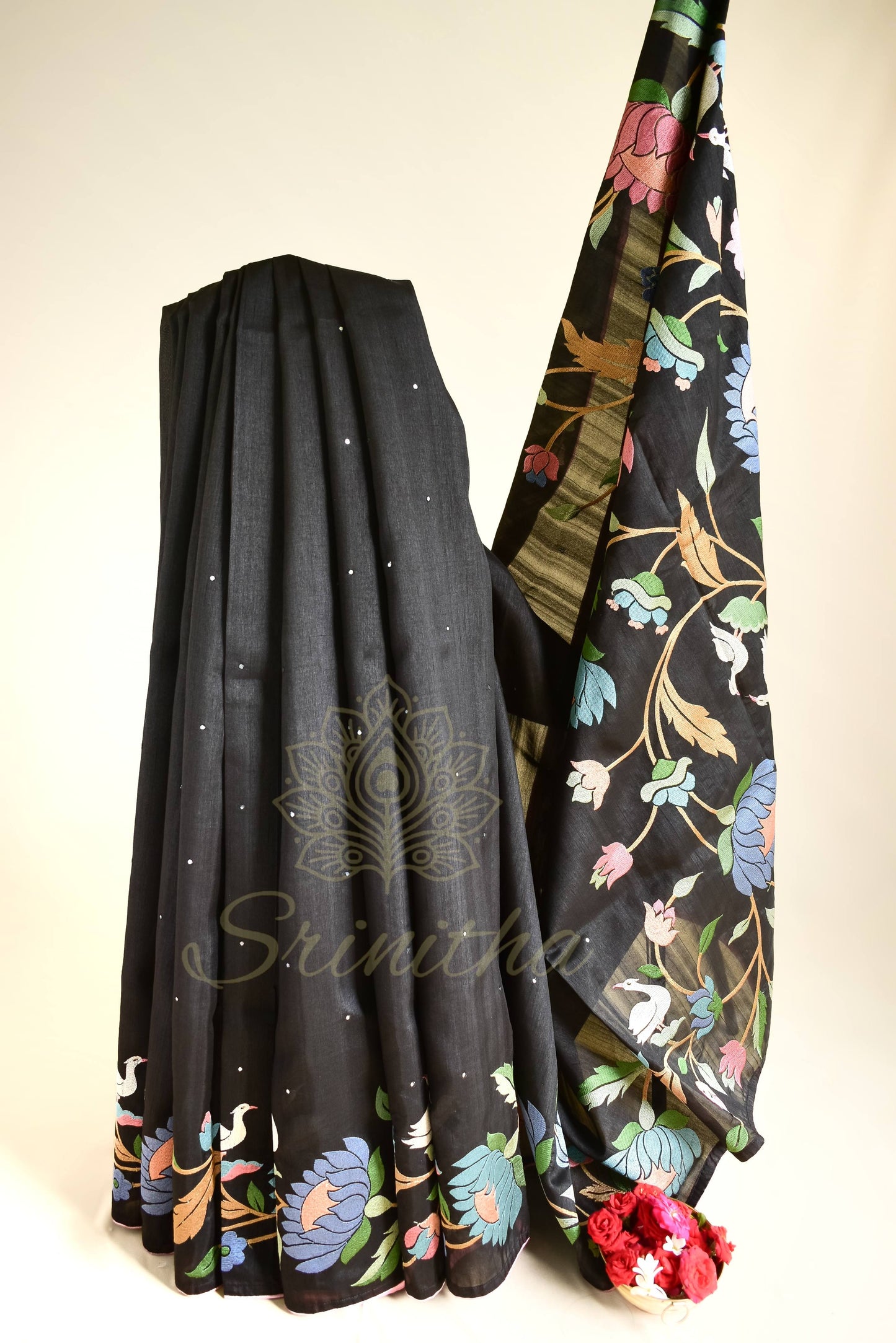 Krishnaja – Tussar Silk in Midnight Black with Floral Meena Vines
