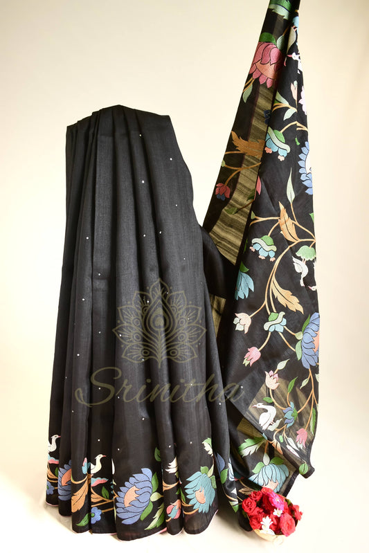 Krishnaja – Tussar Silk in Midnight Black with Floral Meena Vines