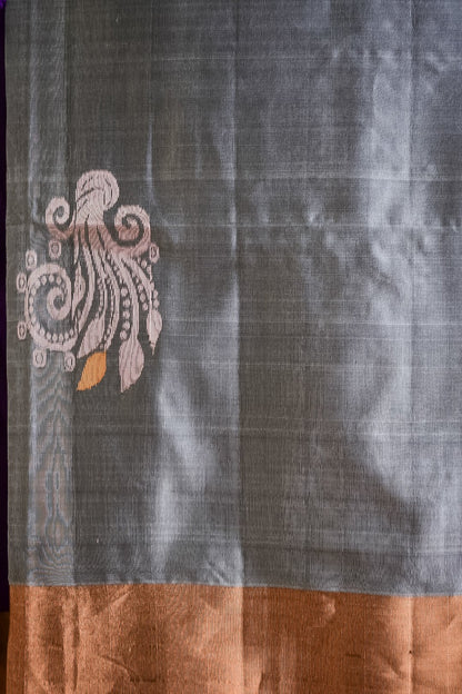 Viyogini – The Smoky Grey Uppada with Violet Zari Bloom