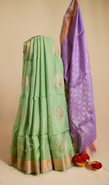 Induvāri – The Blooming Leaf Green Uppada with Lavender Zari Glow
