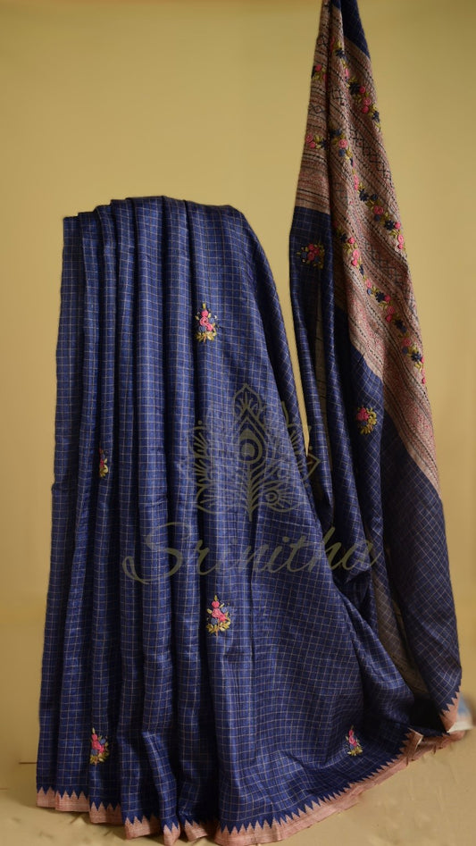 Neelapallavi – Deep Blue Tussar Saree with Hand Embroidered Pallu